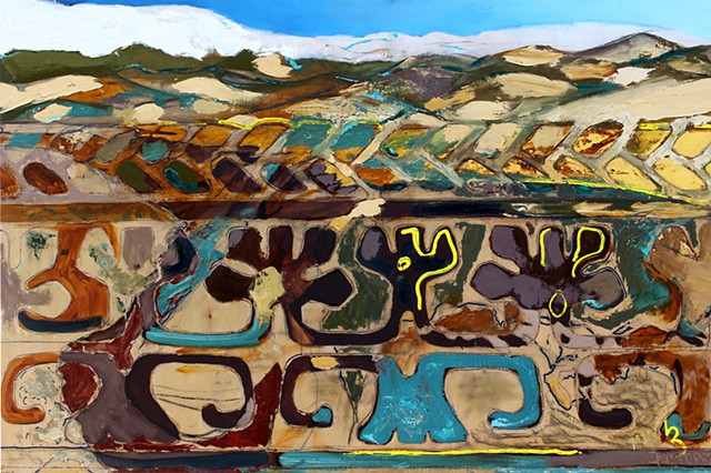California Abstract Landscape Aztec Symbols Contemporary Mixed Media Painting