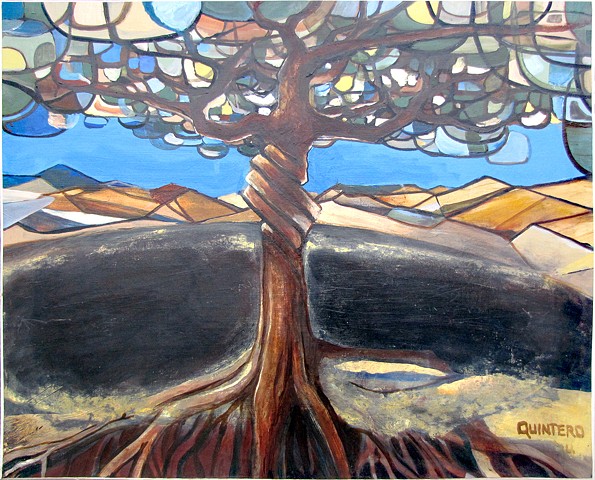 Abstract surrealist contemporary oil painting with mythological themes and arboreal motifs. 