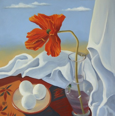 oil painting of orange poppy and eggs with fly