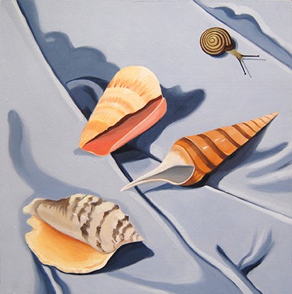 oil painting, shells, snail, still life