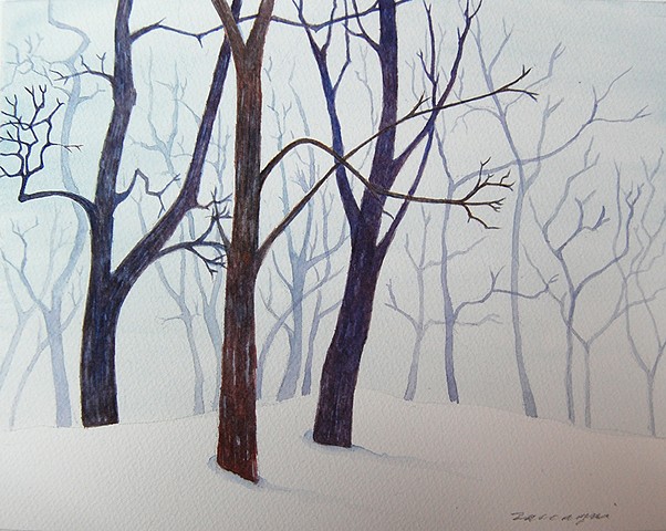 watercolor painting of snow and winter trees in forest