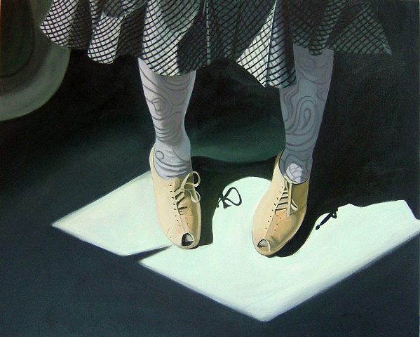 oil painting of tan grandmother shoes, shoe portrait series