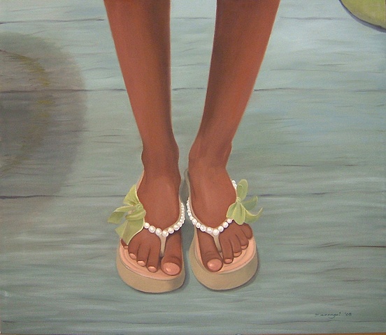 oil painting of flip flops with pearls and green bows, shoe portrait series