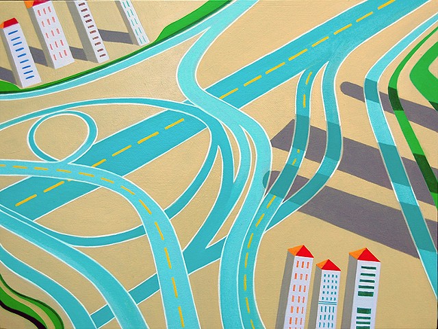 abstract oil painting of aerial view of highway interchange