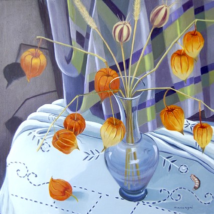 oil painting of Japanese lanterns in a glass vase with a worm or larvae