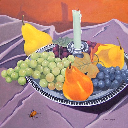 oil painting, still life, fruit, candlestick, insect