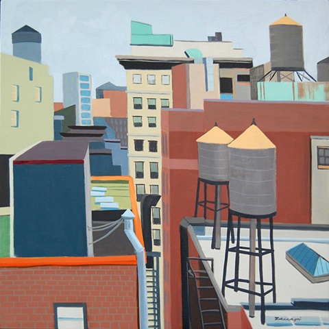 oil painting of water towers in New York, NY