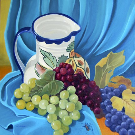 Italian ceramic pitcher with green, red, and purple grapes with insect