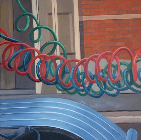 oil painting of hydraulic brake hoses on a semi tractor trailer on the street in New York, NY