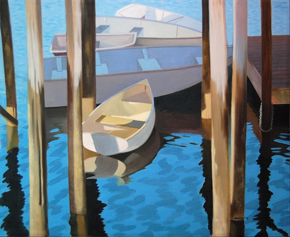 oil painting of boat, skiff docked at Port Clyde in Maine
