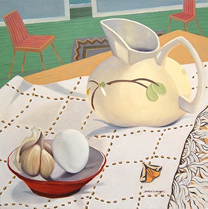 oil painting, still life, pitcher, garlic, egg, moth