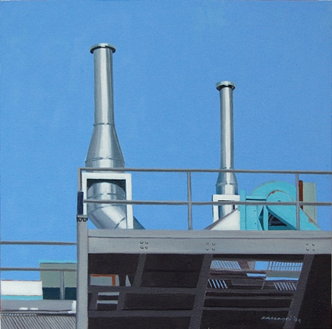 oil painting of ventilation chimneys on roof of Harder Hall NYSCC at Alfred University