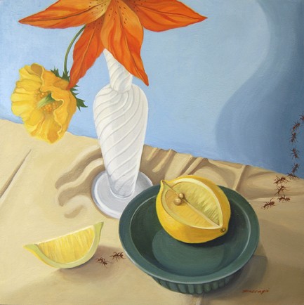oil painting of a orange lily, yellow poppy, and lemon with ants