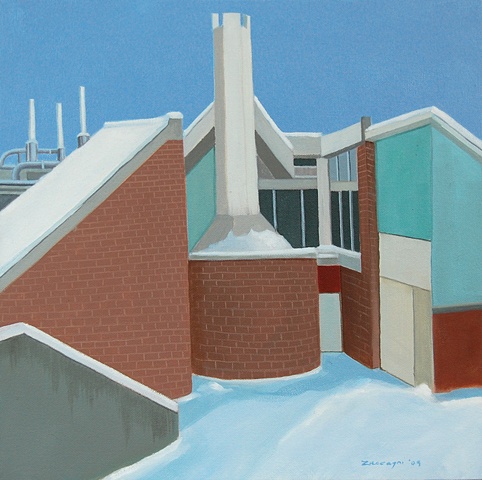 oil painting of roof of NYSCC at Alfred University School of Art & Design building, Harder Hall