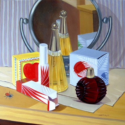 still life with insect, avon bottles and mirror showing reflectivity and transparency