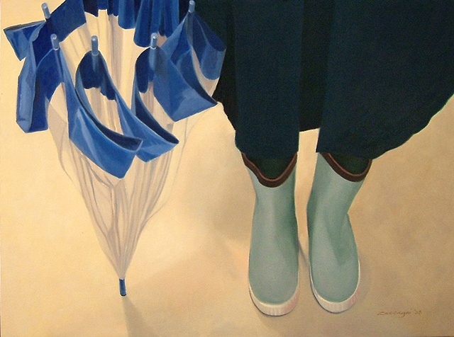 oil painting of blue/green rubber boots and umbrella, shoe portrait series