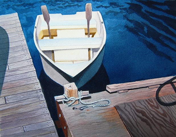 Watercolor painting of Maine skiff.