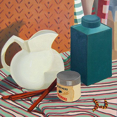 oil painting, still life, pitcher, cinnamon sticks, caterpillar