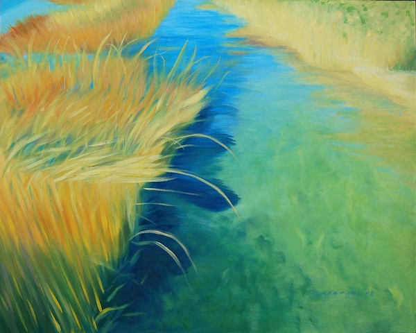 oil painting of water and reeds in an inlet, Bayville, NY