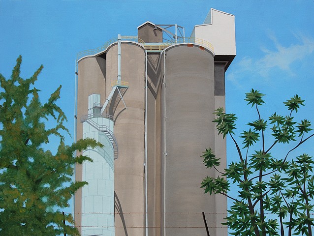 architectural oil painting of grain silos in the Cleveland Flats section of Cleveland, OH 