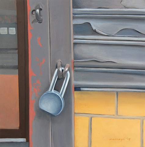 oil painting of padlock on door  on street in Manhattan, NY