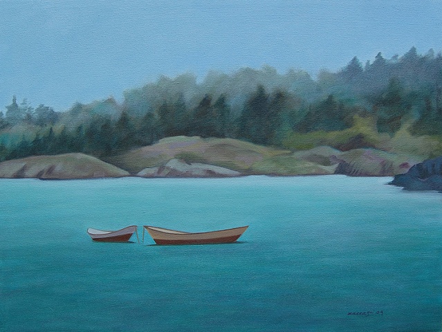 oil painting of two skiffs, boats, off shore, Monhegan Island, Maine