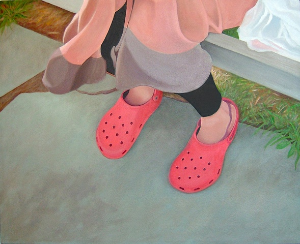oil painting of red crocs, shoe portrait series
