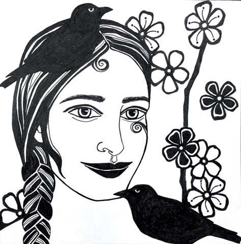 Woman with birds & blossoms 