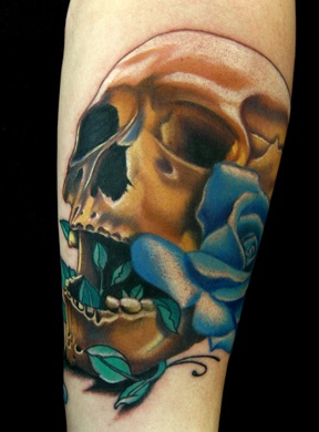 Realistic Skull with Rose Tattoo 