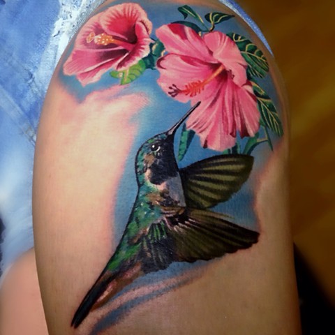 Color Tattoo of a Humming Bird and Flowers 