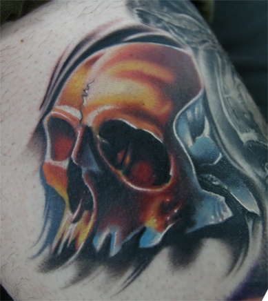 Skull I did on Jason's leg. Part of a collection of skull's by different Tattoo Artist. Very honored to be a part of it.
