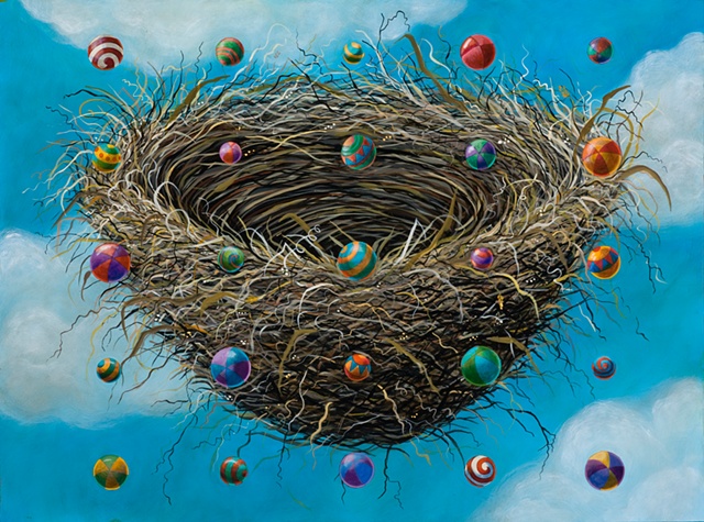 colorful balls float and spin over a large floating nest in acrylic painting by Chris Miroyan