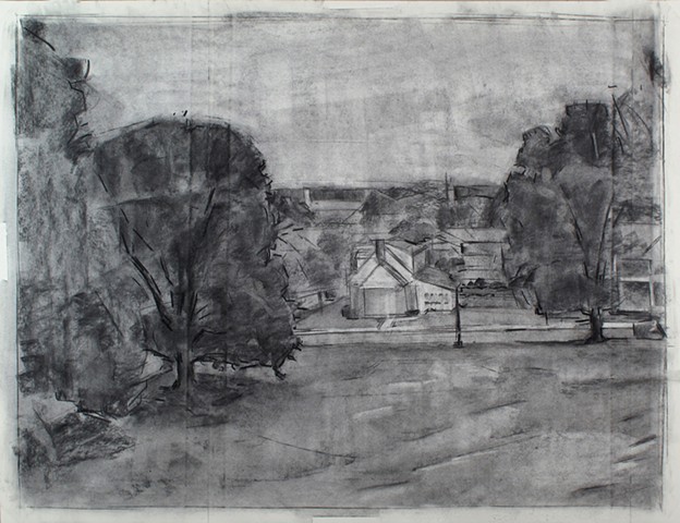 Alumni Center Field View North Charcoal on Paper 27 x 32 2016