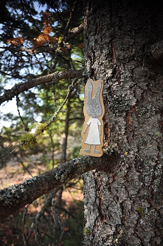 These pieces are intaglio prints that I have affixed to wood cut out and placed in around in the trees at the Mount Rose Lookout Gallery.  Photo by Julia Prudhomme