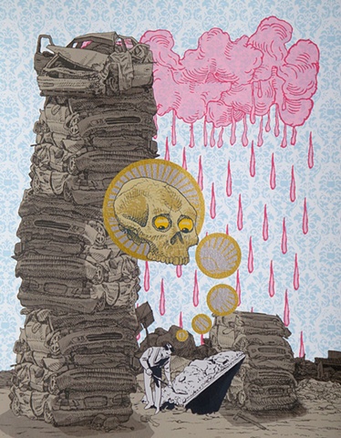 multi-color screen print with skull, radioactive cload, and bomb shelter.