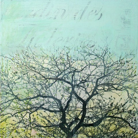 oil painting and photo transfer print of Paris tree on canvas by Raleigh, North Carolina artist Richard Garrison