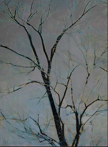 Acrylic and photo transfer print on canvas of beech tree by Raleigh, NC artist Richard Garrison
