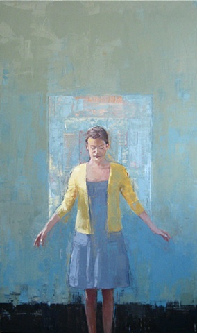 standing female figure in oil paint and mixed media collage by North Carolina artist Richard Garrison