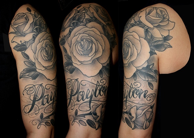 black and grey roses script tattoo by Danny Gordey Ink Machine Edmonton Canada