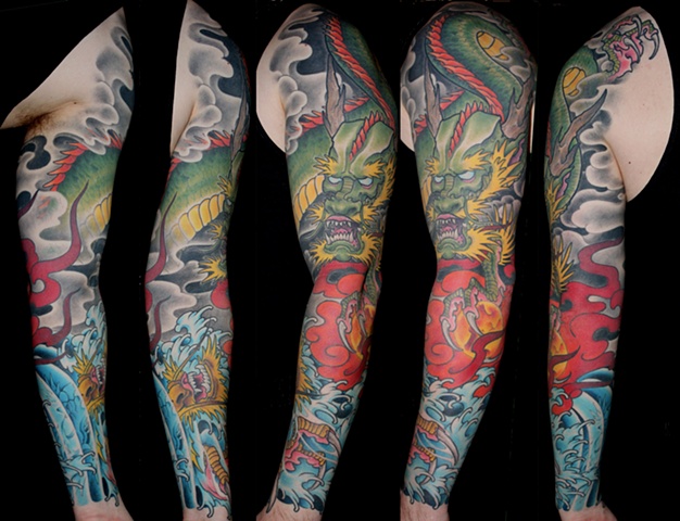 new school japanese dragons water fire sleeve tattoo by Danny Gordey Ink Machine Edmonton Canada