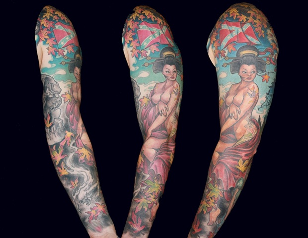 tattooed geisha maple leaves multiple cover up sleeve tattoo by Danny Gordey Ink Machine Edmonton Canada 