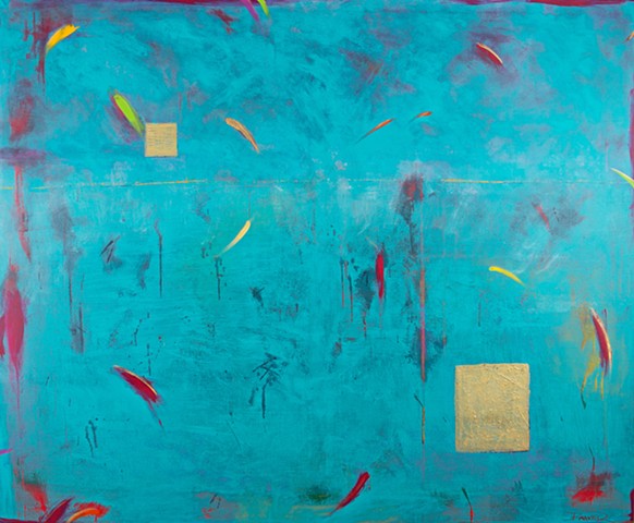 Karen Banker's blue abstract painting entitled "Outside the Box"