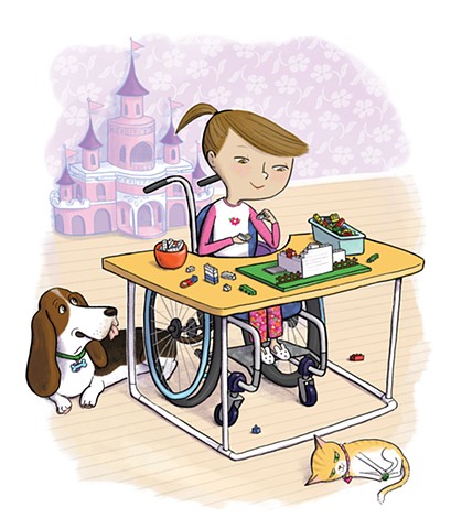 Violet Lemay, Yes I Can, wheelchair, Magination Press, spina bifida, disablilty, strong kids, strong girl, illustration, basset hound, cat, legos, kidlit
