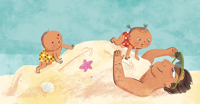 Violet Lemay, children's book illustrator, beach babies, kidlitartist, adorable illustration, adorable babies, dad and babies