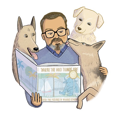 Maurice Sendak, Sendak with his dogs, Violet Lemay, Artists and Their Pets, kidlit artist, middlegrade artist, children's book illustrator, picture book illustrator