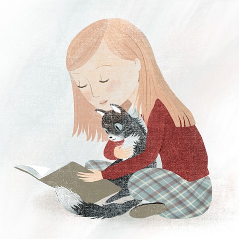 Violet Lemay, kidlitart, kitty, cat, reading with cat, reading, children's book illustrator, girl and cat