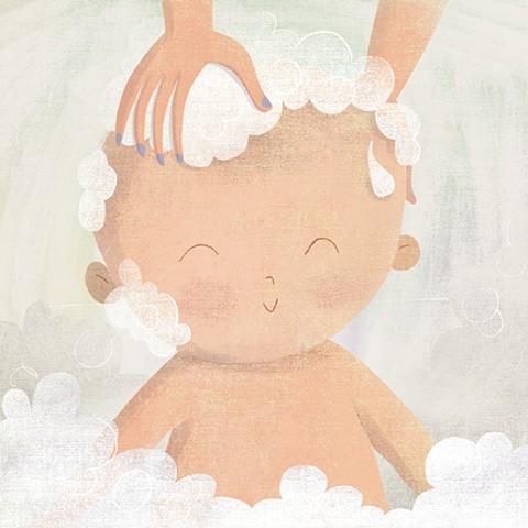 Violet Lemay, Children's Book Illustrator, kidlit art, baby, baby in bath, baby shampoo