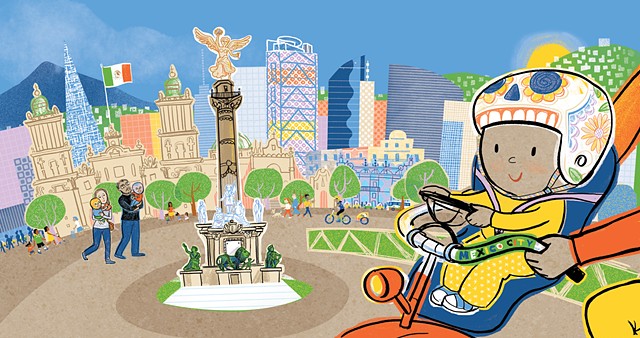 Mexico City, travel, global village, racial unity, luchador mask, cyclist, baby, Violet Lemay