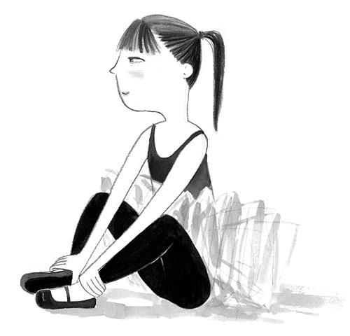 ballerina, tween girl, ballet, tutu, ballet class, ballet student, black and white illustration, illustration