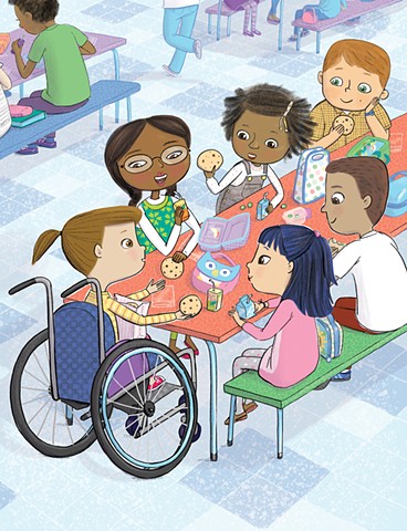 Violet Lemay, Yes I Can, wheelchair, Magination Press, spina bifida, disablilty, strong kids, strong girl, illustration, kidlit, cookies, school cafeteria, friends, inclusion